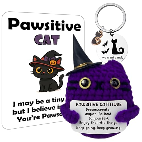 Halloween Gattino all'uncinetto, Portachiavi Gattino, Positive Peluche con Carta Motivazionale, Decorazioni da Scrivania Lavorati Arredamento la Casa, Compleanno Regalo per Amica Collega Famiglia Sore