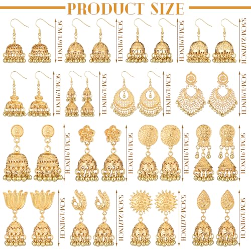 Nosiny 16 Pairs Jhumkas Indian Earrings for Women Vintage Jhumka Bell Hoop Dangle Earrings Set Ethnic Bohemian Indian Jewelry2