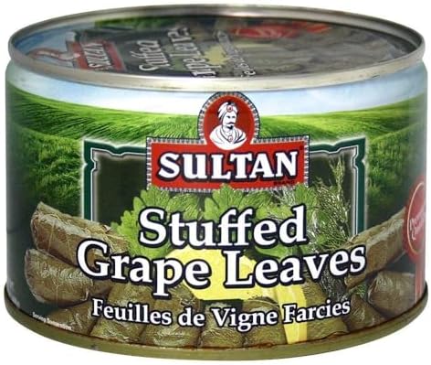 Sultan Vegetarian Stuffed Grape Leaves โ Halal Mediterranean-Style Dolmas โ Hand-Rolled, Pre-Cooked Canned Food โ Rice & Herb Filling โ Ready to Eat Hot or Cold โ Perfect for Mezze,14 oz