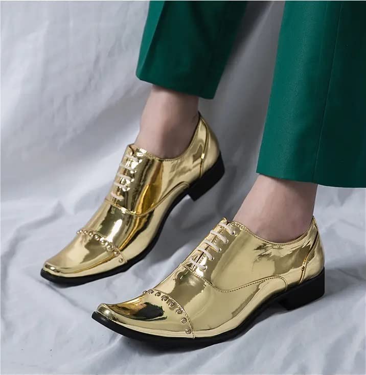 HOOENG Oxford Shoes for Men Lace Up Shiny Faux Leather Cap Toe Block Heel Anti-Slip Rubber Sole Non Slip Resistant Prom3
