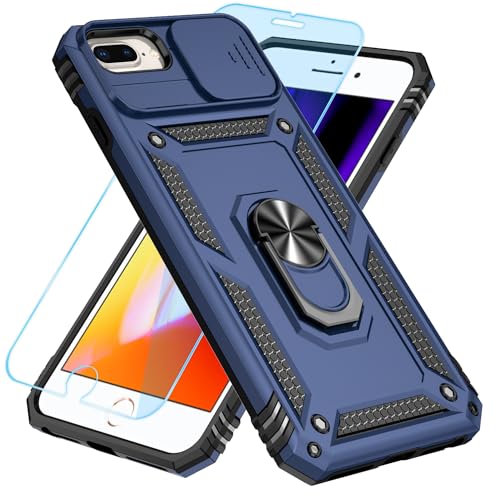 SunStory Compatible with iPhone 8/7/6 Plus Case with HD Screen Protector & Slide Camera Cover & Rotated Ring Kickstand, [Military-Grade] Phone Case for iPhone 6/7/8 Plus (Blue)