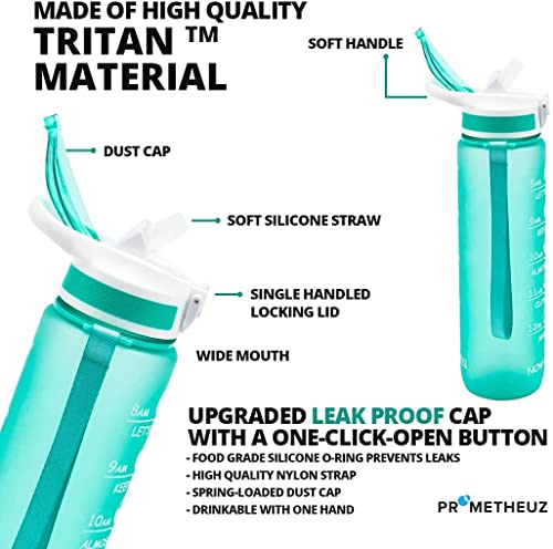 Image of Prometheuz Water Bottles with Times to Drink, 32 oz Water Bottle with Time Marker & Straw, Carry Strap, Leak-Proof & BPA-Free, Help You with Daily Water Intake for Gym, Camping, Outdoor Sports Mint