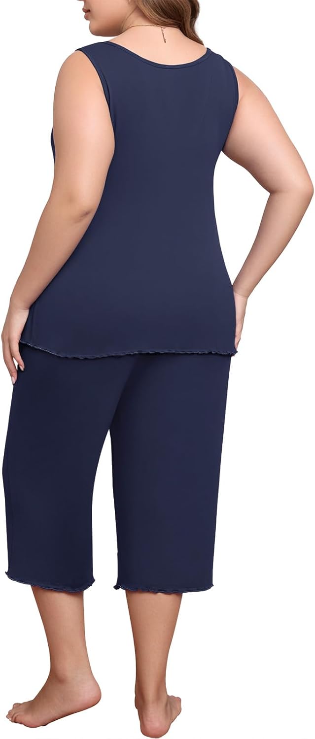 Lastshe Women's Plus Size Pajama Set 2 Piece Sleepwear Soft Cozy Sleeveless Knit Tank Top Capri Pants Lounge PJs with Pockets - Image 4