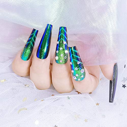 Umillars 24pcs UV top coat Coffin Nails False Gel Nails Art Tips Sets Full Cover Long False Nails for Ballerina Cosplay Office Lady(Coffin-peacock)