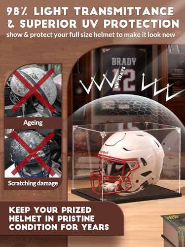 Image of JupDec Football Helmet Display Case, Full Size Acrylic Baseball Motorcycle Helmet Showcase, UV Protection Souvenirs and Collectibles Box with Solid Wood Base & Riser, Ideal Gift for Sports Fans, Black