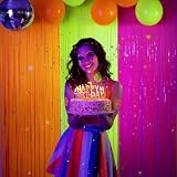 Mega-L Glow in The Dark Party Supplies, 3 Pack Neon Party Decorations 9.9 x 6.6 ft Fluorescent Tinsel Foil Fringe Curtains, Neon Backdrop Streamer for Birthday, Wedding, Graduation Party Supplies