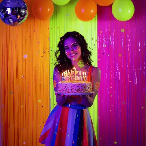 Mega-L Glow in The Dark Party Supplies, 3 Pack Neon Party Decorations 9.9 x 6.6 ft Fluorescent Tinsel Foil Fringe Curtains, Neon Backdrop Streamer for Birthday, Wedding, Graduation Party Supplies