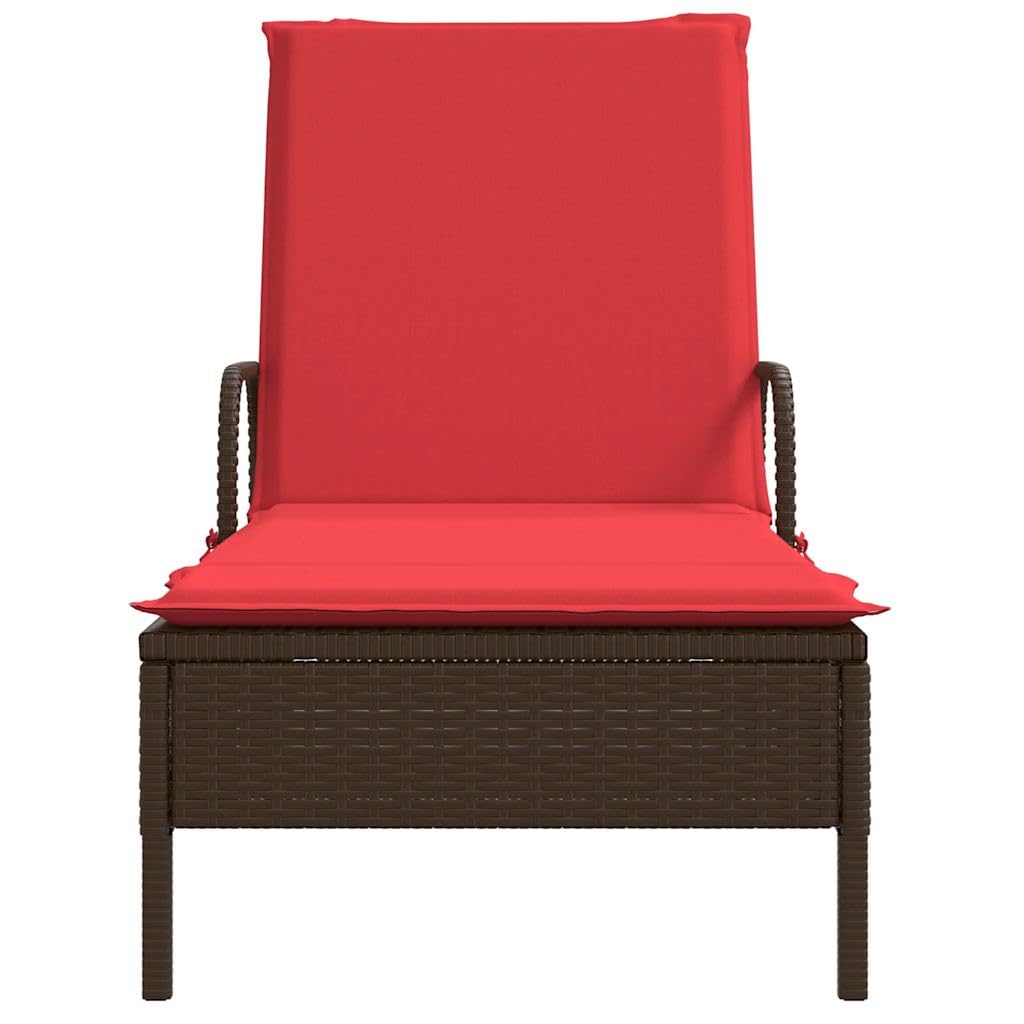 Tumbona de polirratán con ruedas y cojín rojo | Cómoda tumbona de jardín con respaldo ajustable en 3 posiciones y cojín suave para terraza y piscina.