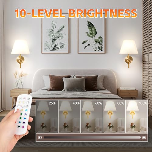 Image of Battery Operated Wall Sconce Set of 2, Gold Rechargeable Wall Lights with 10000mAh Dimmable Bulbs RGB Wireless Wall Lamps with Remote, 15 Colors for Bedroom Living Room Hallway Wall Decor