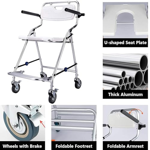 Silla de Ducha con Ruedas 3 en 1, Ligera y Plegable, de Aluminio, Ideal para Personas Mayores, discapacitadas y Embarazadas. Fácil Montaje sin Herramientas. Soporta 120 kg.