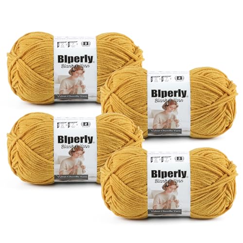 Image of Skinny Chenille Yarn for Crocheting, #2 Yellow Thin Baby Blanket Plush Yarn | 4 Pack of 158 Yds, 1.7 Oz Sport Fingering Weight Fine Yarn, Soft Fluffy Velvet Yarn for Crochet knitting Blankets, Amigurumi