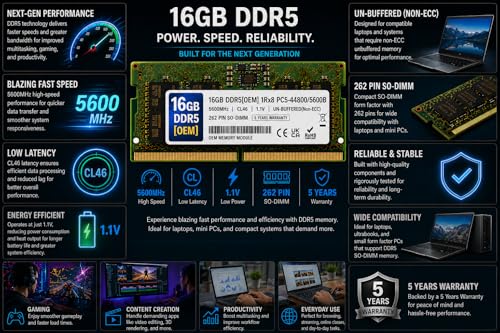 Image of 16GB DDR5 5600MHz OEM Laptop RAM Compatible with Samsung [Key Specs: PC5-44800 /5600B | 262-Pin SO-DIMM | CL46 | 1Rx8 | 1.1V | Non-ECC] | 5 Years Seller Warranty