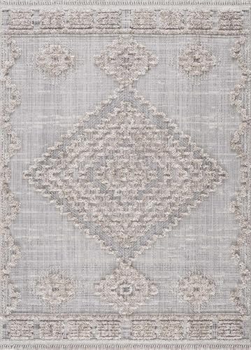 Image of Hauteloom Aria Modern Moroccan Medallion Farmhouse Living Room, Bedroom Area Rug - High Low - High Pile Carpet - Cream, Beige, Brown, Beige - 5'3 inch x 7'