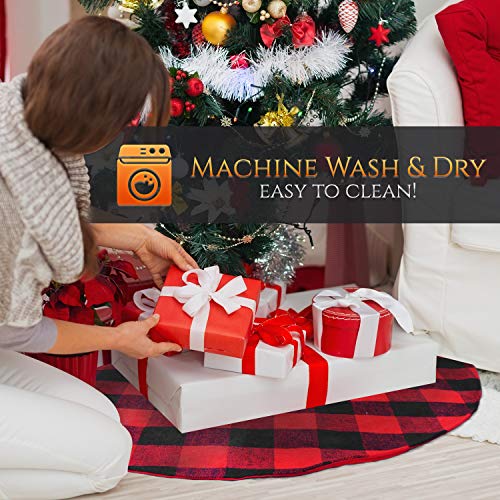ATLIN Buffalo Plaid Christmas Tree Skirt - Larger 3 Inch Red and Black Checks for a Traditional Look - Machine Wash and Dry – 3 ft and 4 ft Diameter Options