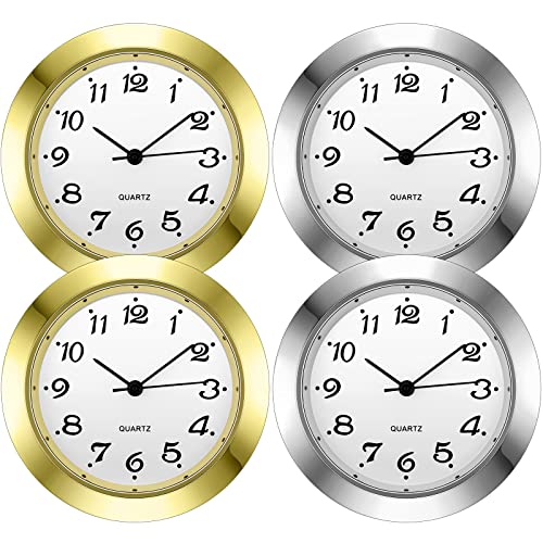 4 Pack 1-7/16 Inch Round Clock Insert Gold Clock Face Metal Wall Clock Silver Mini Clock With Arabic Numerals Fit Diameter 1-3/8 Inch Hole Easy To Read Home Office School Clock, Gold And Silver Bezel #TOP26