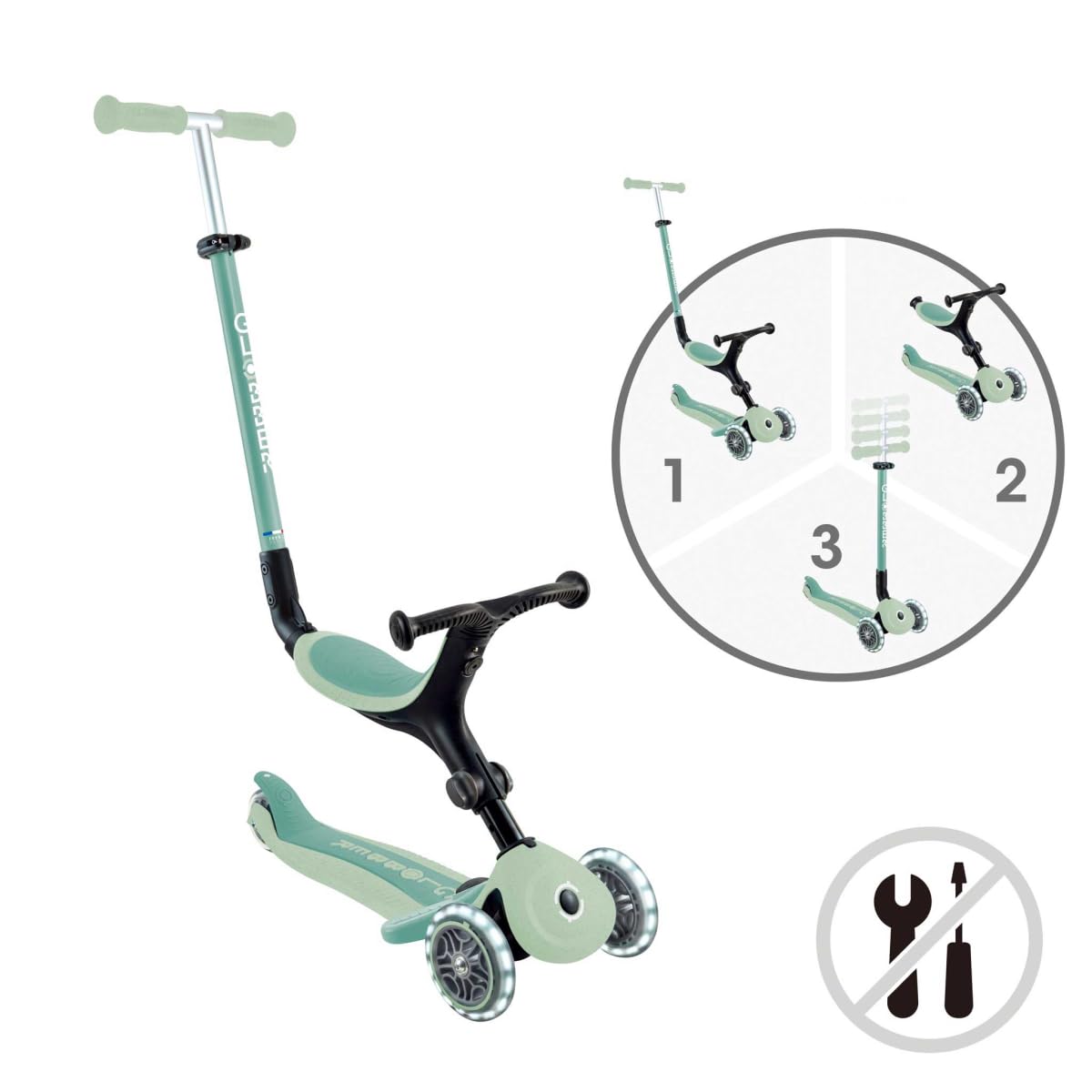GLOBBER GO-UP Active Lights ECO 3in1 – Tretroller, Dreirad und Laufrad für Kinder – höhenverstellbares Kinderfahrzeug – 3rädrig bis 7 Jahre