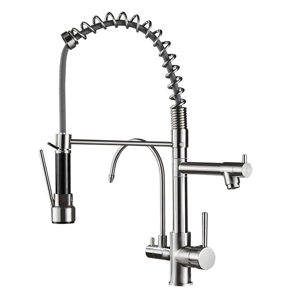 Grifo de cocina de 3 vías con filtro de agua, grifo mezclador para fregadero de cocina, llenador de ollas y caño con resorte, manguera extraíble, rociador, grifo mezclador para fregadero, purificador