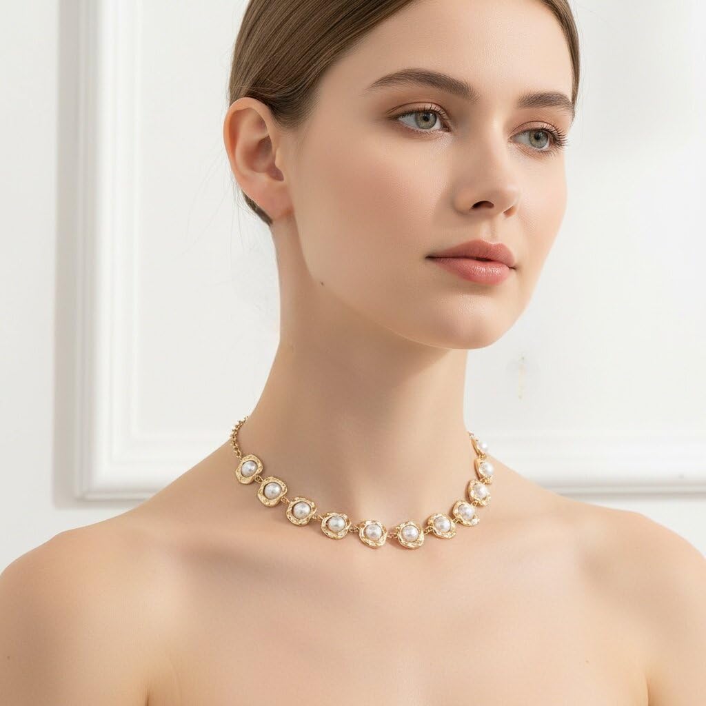Gold Pearl Pendant Earrings Necklace Set for Women Vintage Adjustable Irregular Geometry Imitation Pearl Choker Necklace Earring Trendy Holiday Wedding Prom Jewelry Set for Women - Image 6