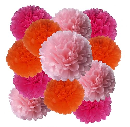 Lot 12 Pompons Papier Soie Rose Orange Fuchsia Décoration Anniversaire Mariage Baptême Fille, Fleurs Papier Suspendre pour Chambre Fête, Kit Deco Guirlande...