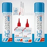 Adhesive Guru CA Glue with Activator Kit (2x1.7 oz + 2x6.76l.oz) Professional Cyanoacrylate Adhesive and Super Glue Accelerator for Woodworking with Extra Caps&Microtips, DIY&Craft, Plastic, Repair