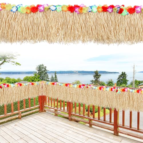 Lyrow Natural Hawaiian Luau Grass Raffia Fringe Banner 143 x 11.8 Inch Hawaiian Grass Table Skirt Tiki Bar Decoration for Tropical Deck Skirting Tent Chair Summer Birthday Party