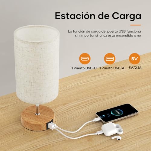 Miniatura 4 de Suright Lámparas De Mesita De Noche Táctil Regulable, Lámpara De Mesa Con Puertos De Carga Usb A C, Pantalla De Tela De Lino, Lámpara De Noche Pequeña Para Dormitorio Salón Bombilla Incluida