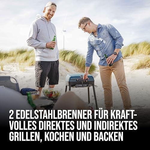 Bild 1 - Enders Camping Gasgrill Explorer II Pro, Grill-Thermometer, Grillen-, Kochen-, Backen Funktion, 2 Brenner Edelstahl, kleiner Balkon-Picknick-Grill, Aluguss-Grillwanne #2108