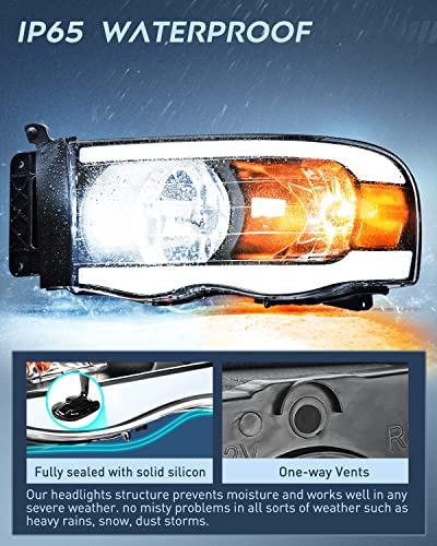 Nilight Headlights Assembly Led Drl For 2002-2005 Dodge Ram 1500/2003 2004 2005 Dodge Ram 2500 3500 Headlamp, Black Housing Amber Reflector #TOP3