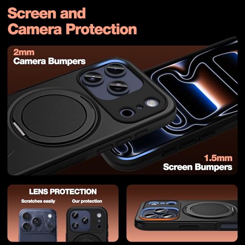 Flyzoo Armor Magnetic Stand Case for iPhone 17 Pro - with 360° Rotatable Ring Kickstand Holder [Compatible with MagSafe] [Military Grade Drop Protection] Heavy Duty Shockproof Cover 6.3", Black by Flyzoo - Used condition - Image 6