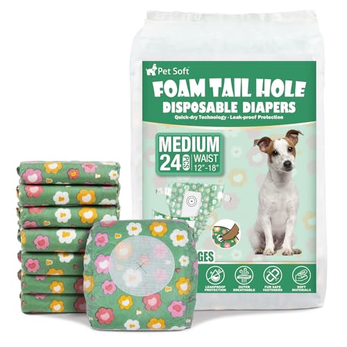 Pet Soft Female Dog Diapers - Disposable Dog Diapers with Adjustable Foam Tail Hole, Cat & Puppy Diaper for Dogs in Heat or Incontinence, Medium (24Pcs, Green)