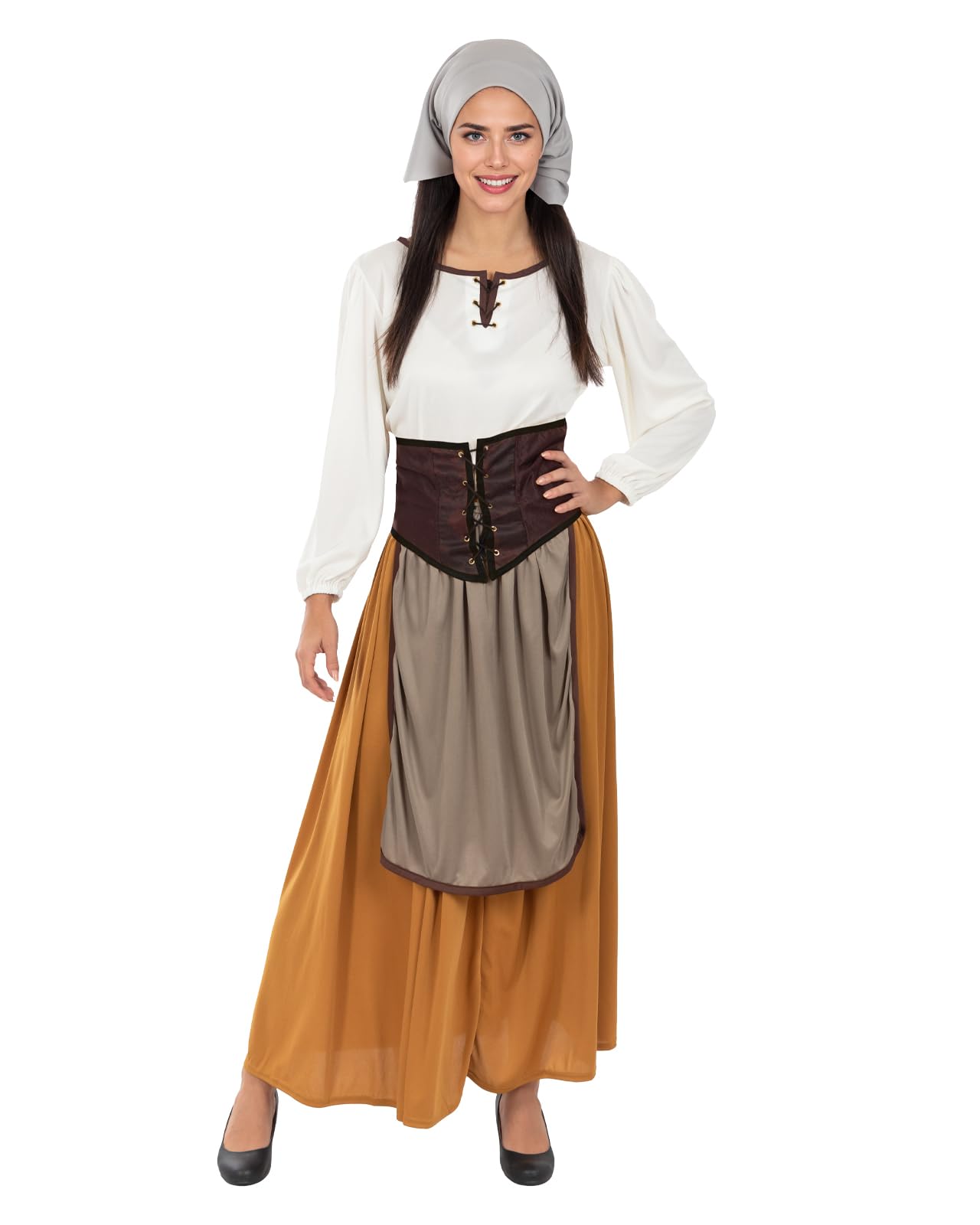Funidelia Disfraz de campesina medieval para mujer, Medieval, Edad Media, Incluye falda, delantal, camiseta, corpiño y pañuelo para cabeza- Traje para adultos para Carnaval y Halloween, Talla XL