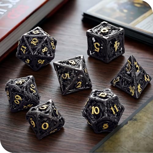 MoKo Dragon Hollow Metal DND Dice Set, Black+Gold