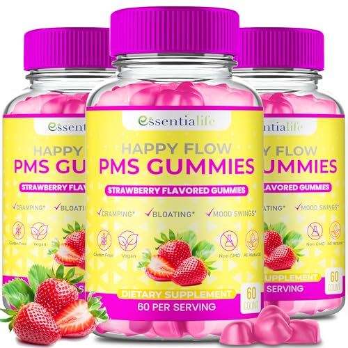 Image of PMS Gummies - Happy Flow PMS Support Supplement for Women - Strawberry PMS Relief Supplement with Vitamin B6 for Hormone Balance, Period Support, Cramps, Hormonal Acne & Bloating Relief (180 Count)
