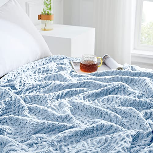 Aormenzy Light Blue Cable Knit Throw Blanket, 60 x 80 inch, Waved Design by Aormenzy - Used condition - Image 4