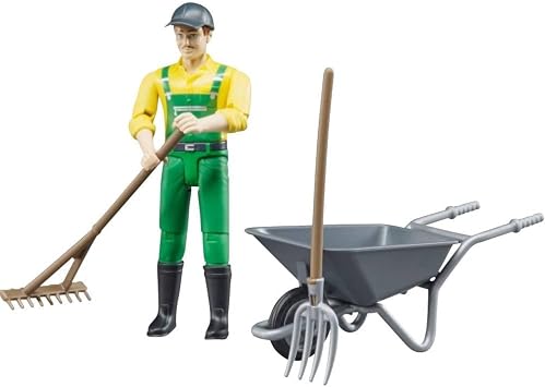 Bruder 62610 Farmer Figure Set with Accessories, 1:16 Scale Realistic Toy | 1:16 scale, farmer with dungarees and cap, made in Germany, ages 4+