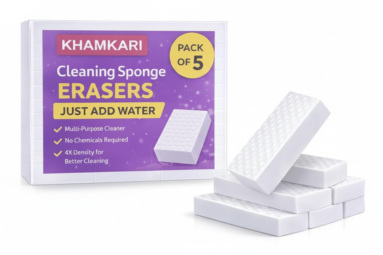 KHAMKARI Magic Eraser Cleaning Sponge | Pack of 5 | Chemical-Free, Sponges Multi-Purpose Wipe for Effortless Cleaning of Kitchen, Bathroom, Walls, Shoes & More – Tough on Stains, Gentle on Surfaces