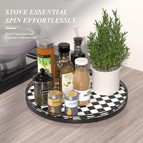 Image of 16 inch Black and White Kitchen Lazy Susan Turntable, Round Checkered Decorative Tray, Large Lazy Susan for Dining Table Centerpiece, Pantry, Kitchen, Bathroom, Countertop, Cupboard, Home Decor