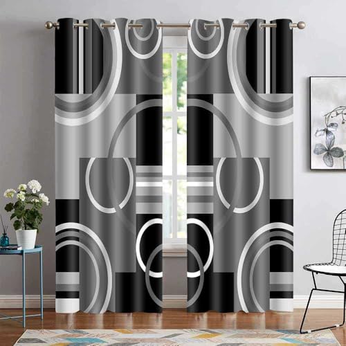Black Gray Geometric Blackout Curtains for Bedroom, White Gray Modern
