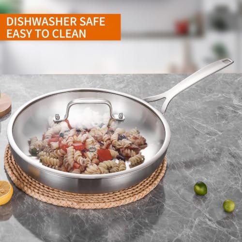 Image of DELARLO Tri-Ply Stainless Steel Frying Pan 8.3 inch With Lid kitchen skillet | Stainless Steel Pan Cooking Heat fast and evenly Compatible with All Cooktops Dishwasher and Oven Safe