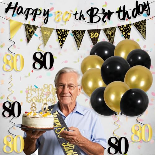Image of 80th Birthday Decorations for Men, Black Gold 80th Party Decoration Kits