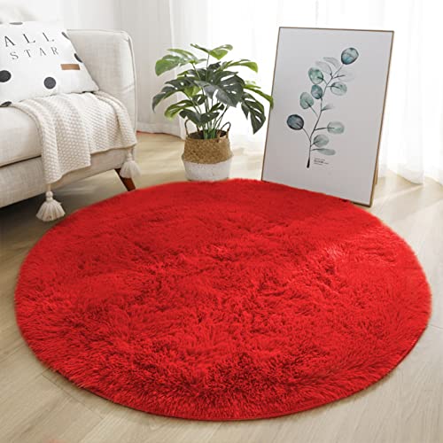 Lifup Alfombra Pelo Largo Mullidas Suaves, Alfombrilla Redonda Antideslizante para Salon Dormitorio Rojo 100 cm