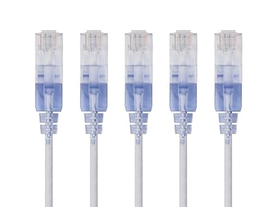 Monoprice Cat6A Ethernet Patch Cable - Snagless RJ45, 550Mhz, 10G, UTP, Pure Bare Copper Wire, 30AWG, 5-Pack, 10 Feet, White - SlimRun Series