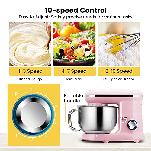 VIVOHOME Stand Mixer, 660W 10 Speed 6 Quart Tilt-Head Kitchen Electric Food Mixer with Beater, Dough Hook, Wire Whip and Egg Separator, Pink
