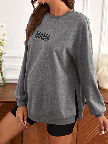 Makemechic Women's Maternity Oversized Long Sleeve Split Side Letter Graphic Pullover Tee Tops Dark Grey S #TOP5