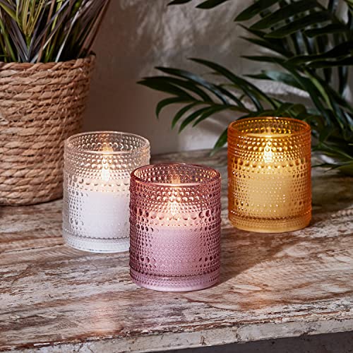 Lights4Fun, Inc. Set Of 3 Truglow Pink, Yellow & Clear Glass Jar Flameless Led Battery Operated Pillar Candles With Remote Control #TOP30