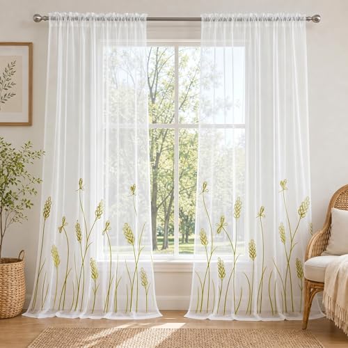 Melodieux Wheat Embroidery Sheer Curtains for Living Room Bedroom, Farmhouse Floral Patterned Rod Pocket Voile Drapes, Green Wheat/White Sheer, 52" W x 84" L, 2 Panels
