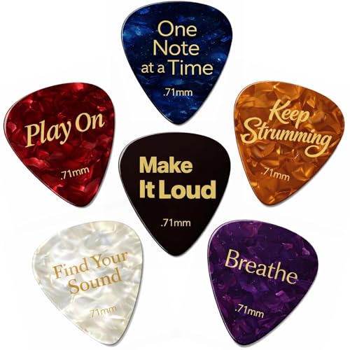 Celluloid Guitar Picks Medium .71mm Guitar Gifts 6 Plectrums 6 Moods with Inspirational Messages Keep Strumming Play On Breathe Acoustic Electric Guitar Accessories Gifts Set