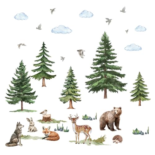milaosk Pegatinas de Pared Animales del Bosque de Pinos Vinilo Adhesivo Murales Lobo Ciervo Zorro Oso Conejo Vinilo Pared Decorativos Guardería Habitación Infantiles Bebés Niños