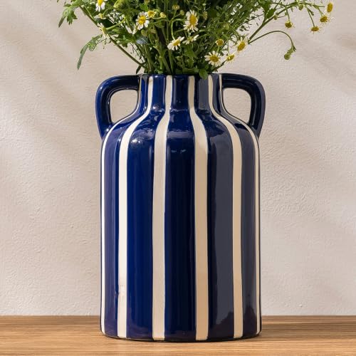 SURE YUESI Blue Ceramic Vase with Handles, Modern Farmhouse Striped Decorative Vase, 9.1" Art Deco Tall Flower Vases for Pampas Grass, Shelf Decor, Dining Table Centerpiece, Living Room Home Decor