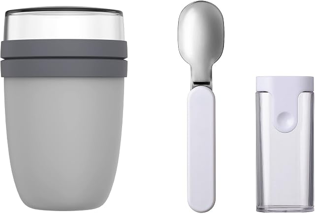 Mepal Ellipse Pojemnik na lunch ze składaną łyżeczką  Cool Grey  termiczny pojemnik na żywność, 500 ml, na jogurt, na wynos  utrzymuje ciepło lub chłód potrawy, polipropylen, 500 + 200 ml